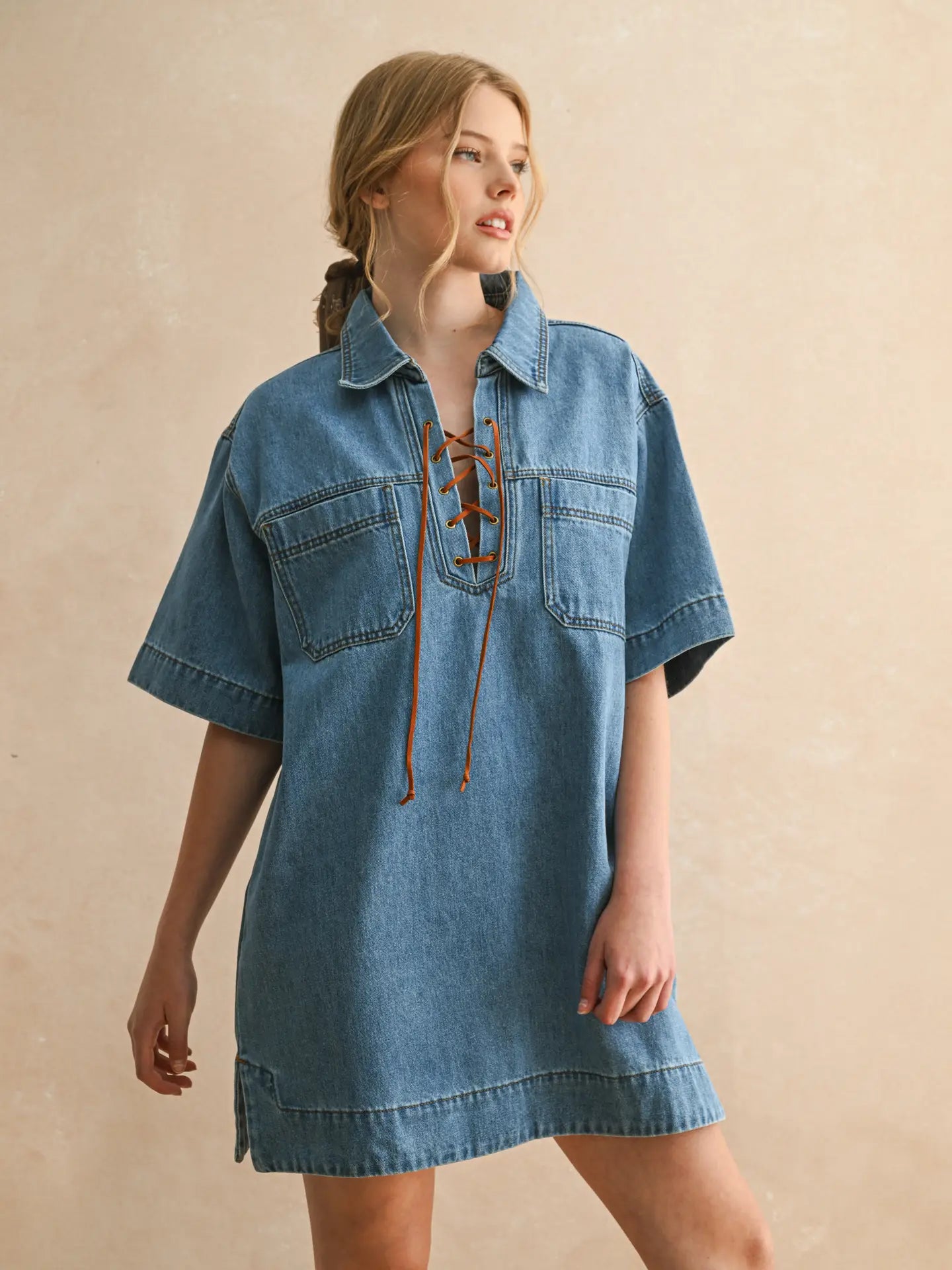 Suede Lace Up Denim Shirt Dress