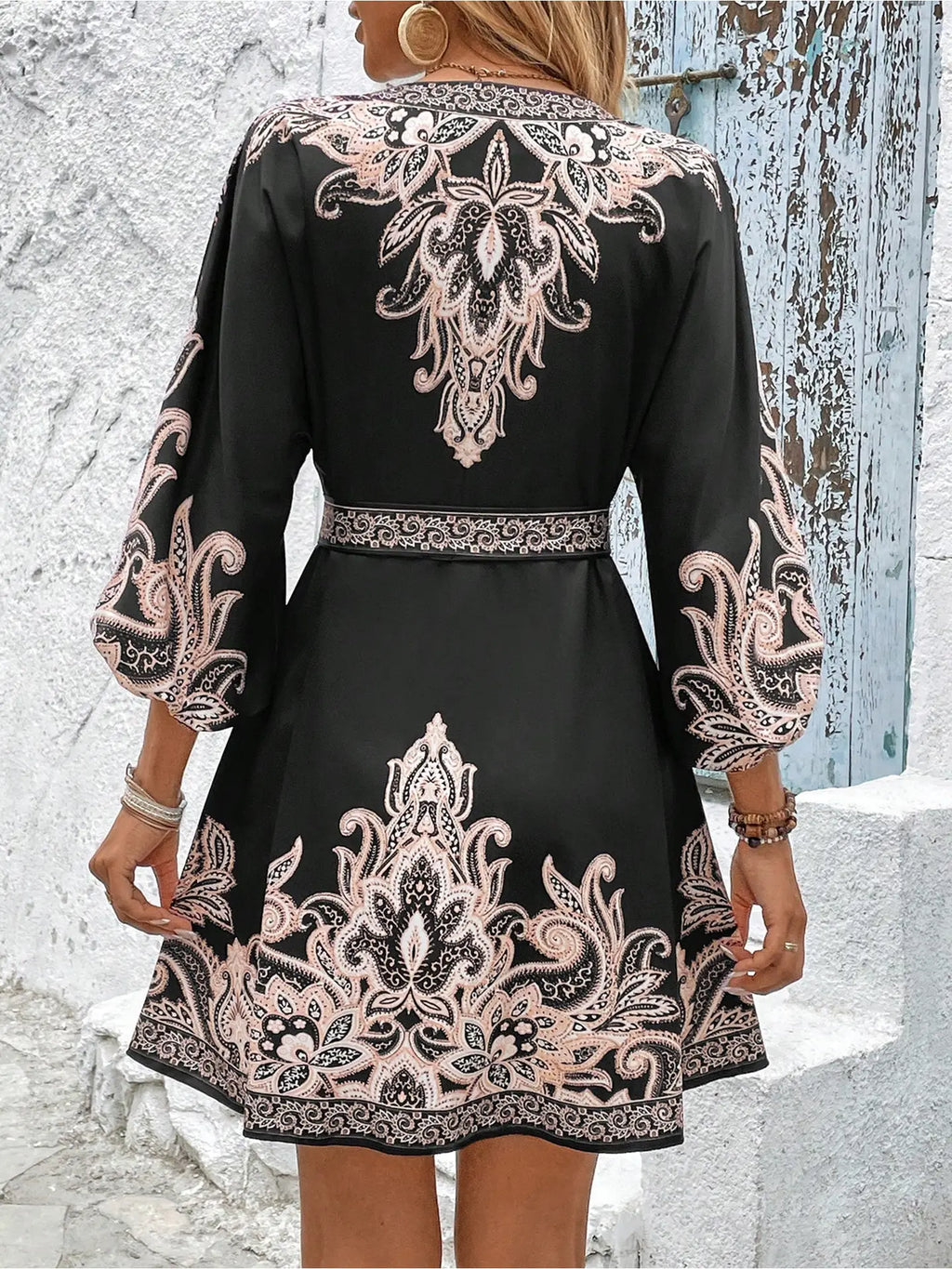 Printed V-Neck Long Sleeve Dress