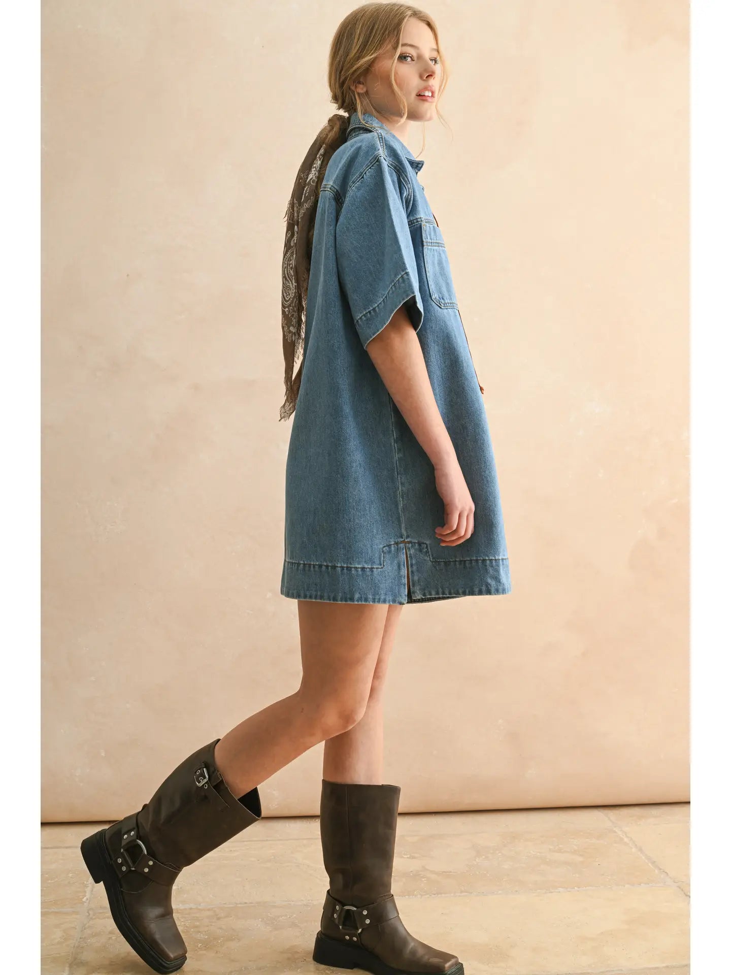 Suede Lace Up Denim Shirt Dress