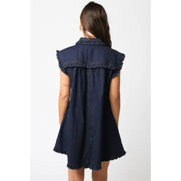 Navy blue sleeveless dress with ruffled details on a white background