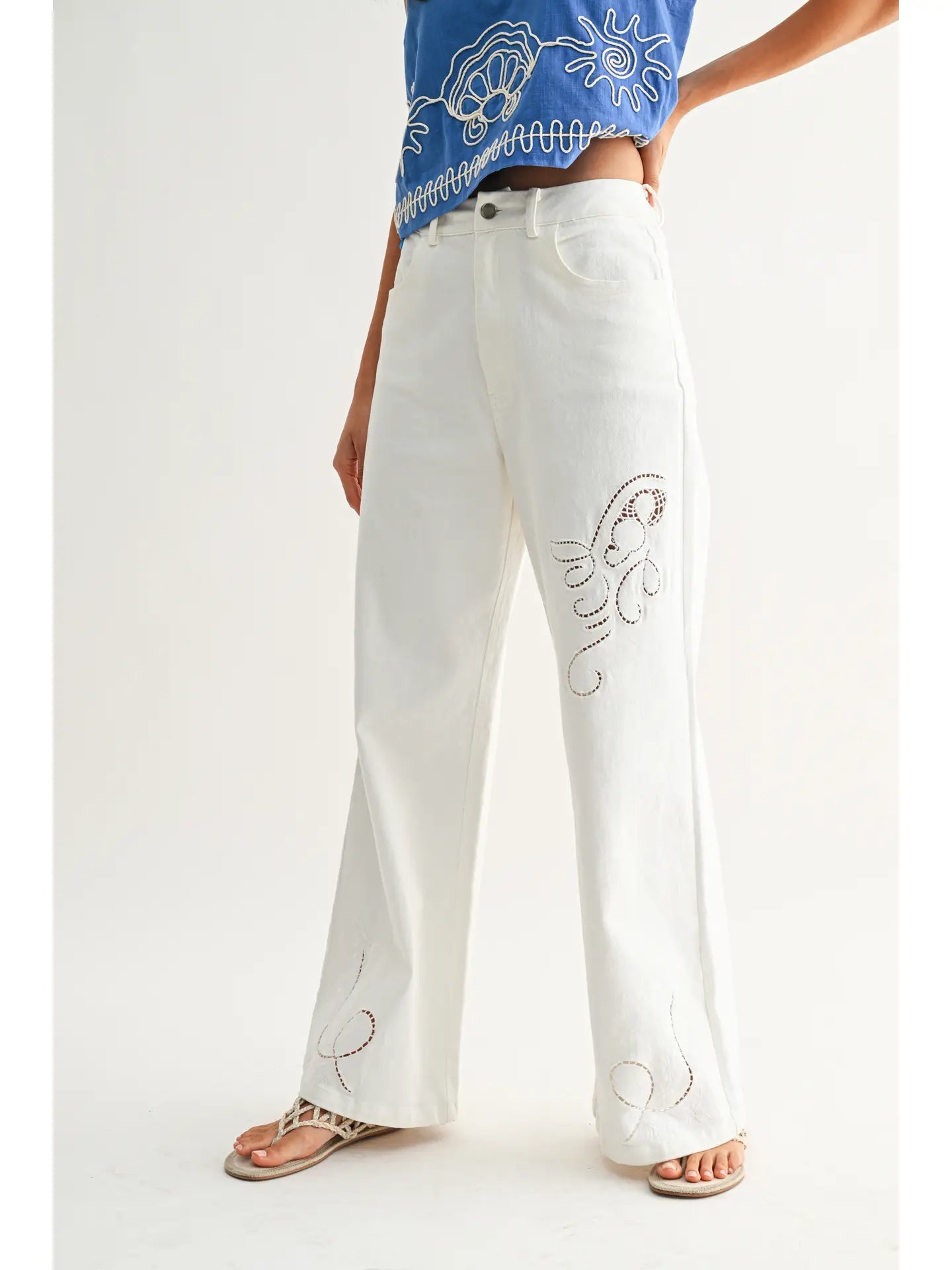 Embroidered Trousers with Cutout